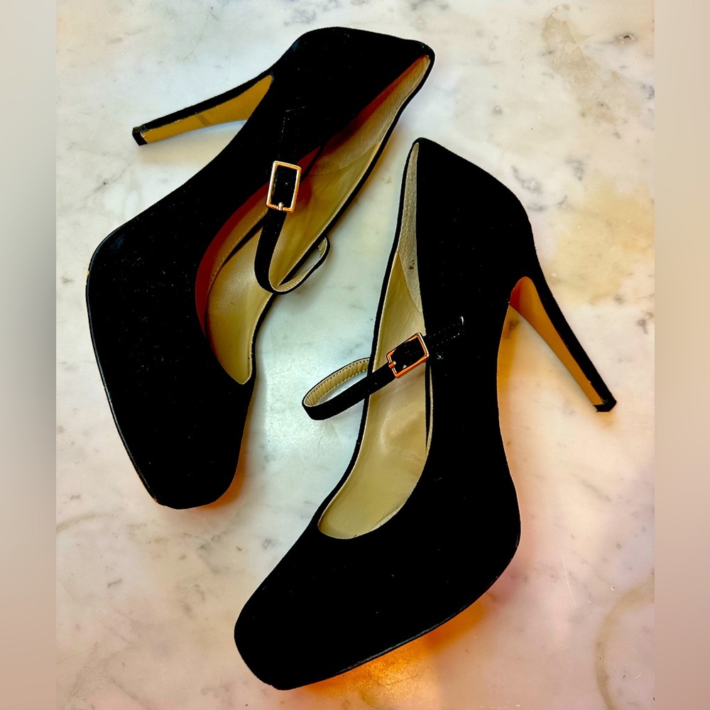 Vince Camuto black suede “Mary Janes” high heel Size 8 Heel height 4 1/4 inches